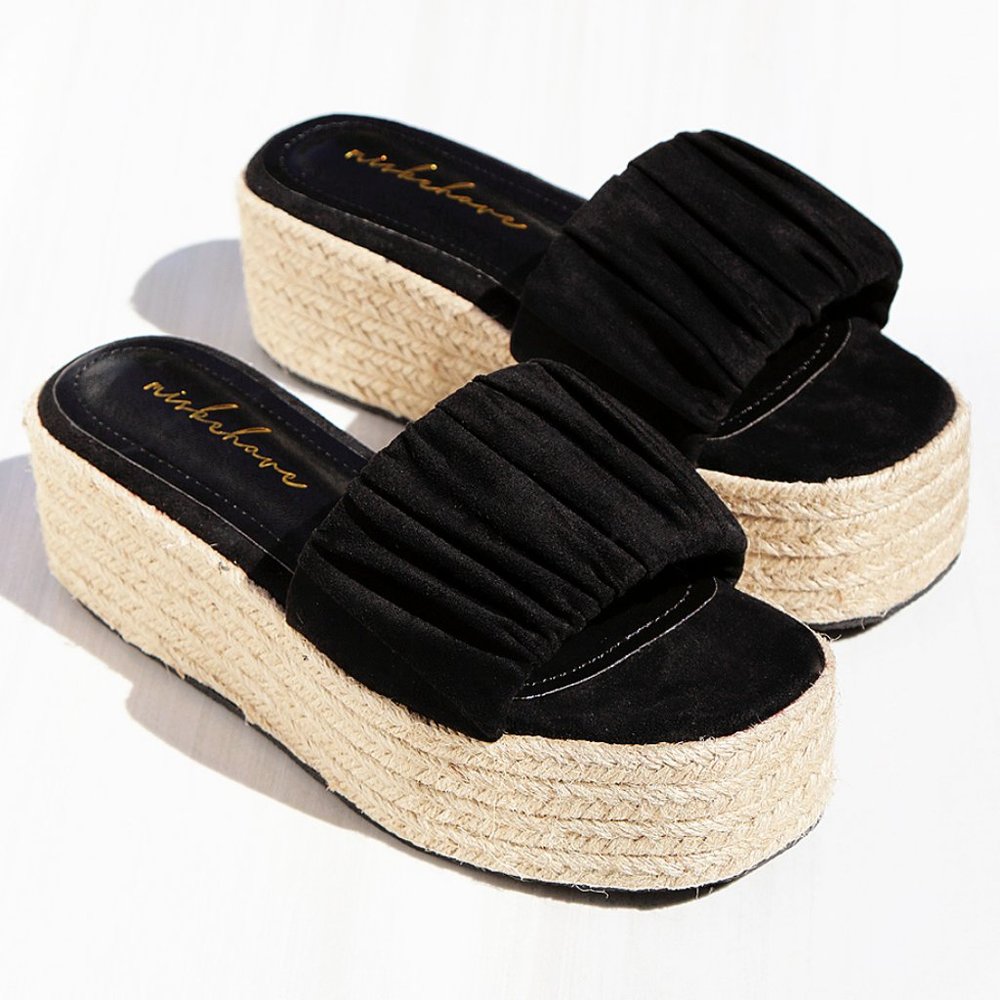 NEW Black Ruched Faux Suede Espadrille Slip On Slides Wedge Platform Sandal Shoe